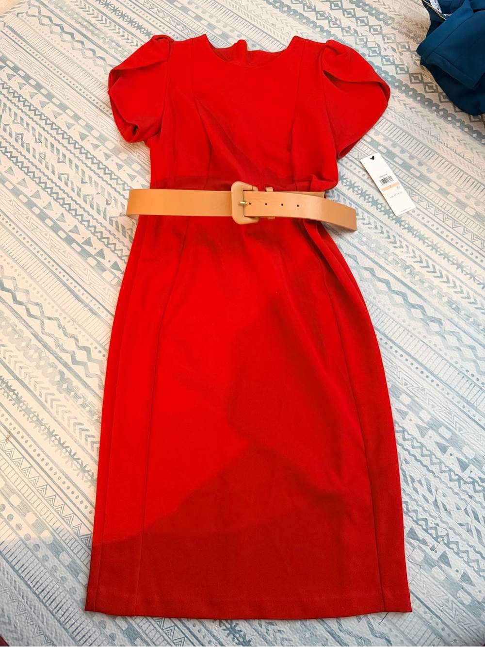 Calvin Klein Red Puff-Sleeve Midi Dress with Tan Belt